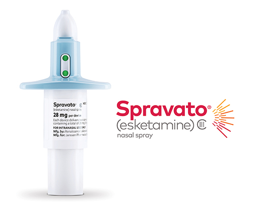 Spravato 鼻噴劑藥瓶與噴頭,旁有 Spravato(esketamine)標誌。